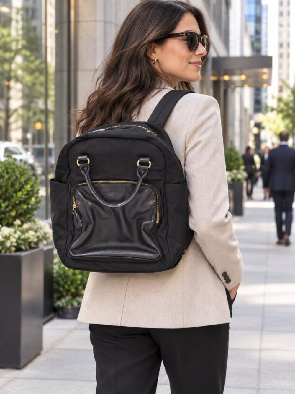Lo & Sons Rowledge Backpack Tote Black Leather Nylon Laptop Travel Work Bag